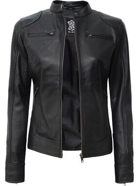 Women’s Black Genuine Lambskin Leather Cafe Racer Motorcycle Jacket